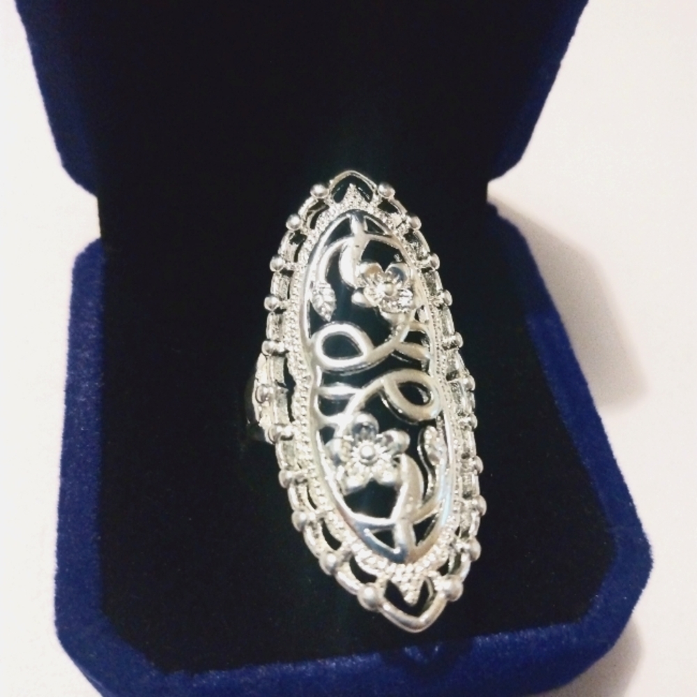 Floral flower boho indie hipster long finger ring silver 925